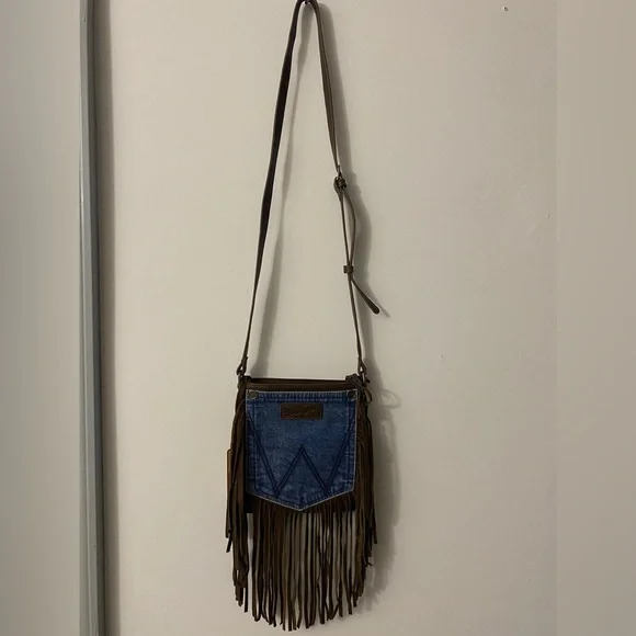 Wrangler Denim and Brown Fringe Crossbody Bag - Picture 1 of 5